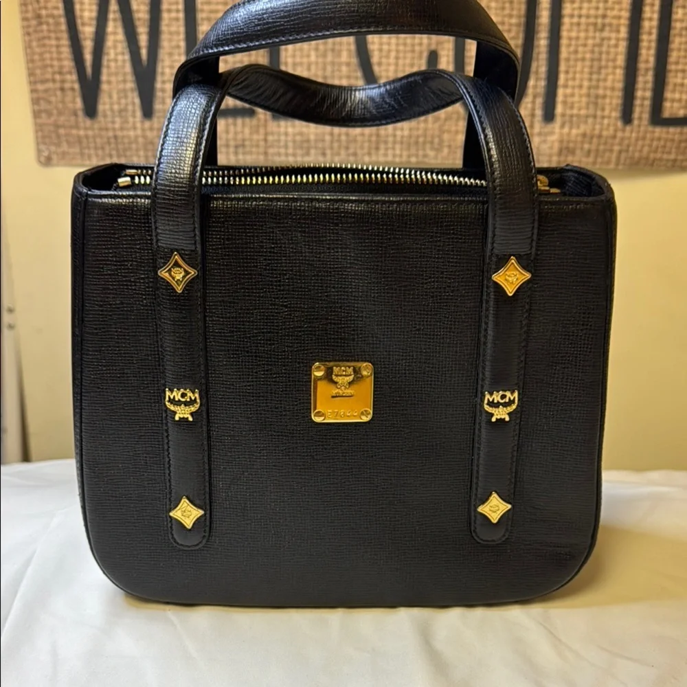 Vintage MCM Structured‎ Black Leather Satchel – Gold Hardware – Rare Style E7844